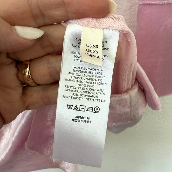 FREE PEOPLE Velvet Ruched Mini Dress Pink Collared Long Sleeve Bodycon XS Y2K - Picture 5 of 7